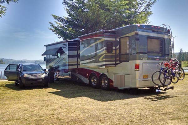 Large motorhome in a waterfront site
